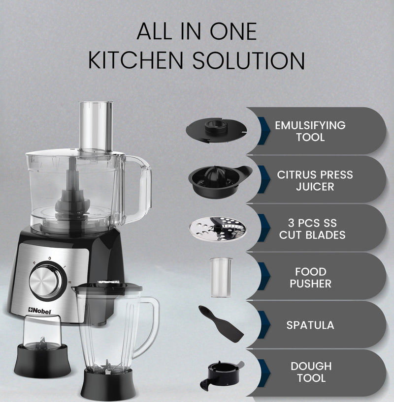 NOBEL 10 in 1 Juicer Food Factory 1.5 Litre 800W 2 Speed - Pulse 3 Cutting Plates Over Heat Protection Anti Slip Feet NFP777E Black with 1 Year Warranty-7