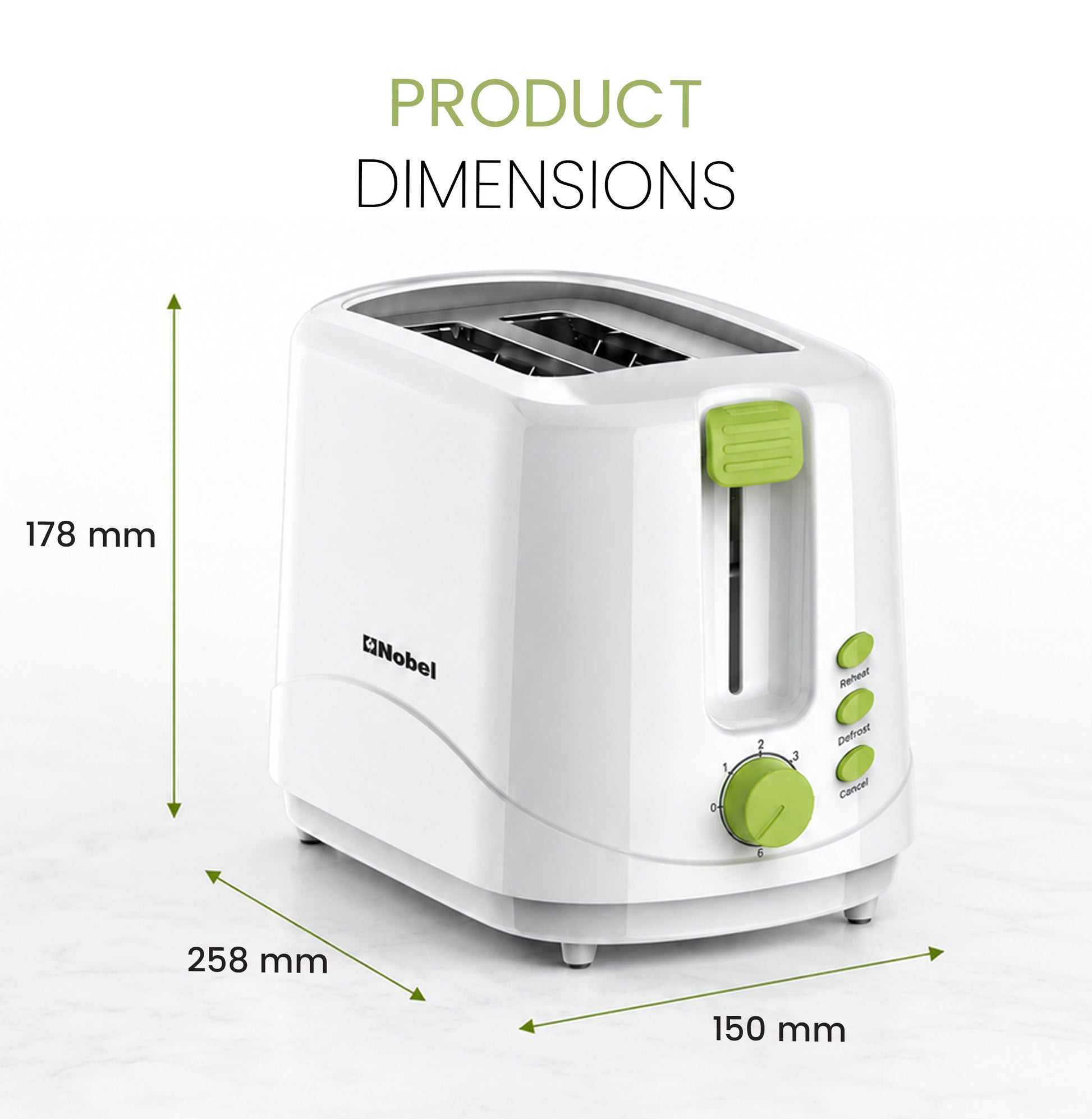 Nobel Sandwich Toaster 2 Slice Short Slot, Cord Storage, Cool-Touch, Adjustable Browning Control, 7 Settings, Cancel/Reheat/Defrost Function, Removable Crumb Tray NST2TI White-8