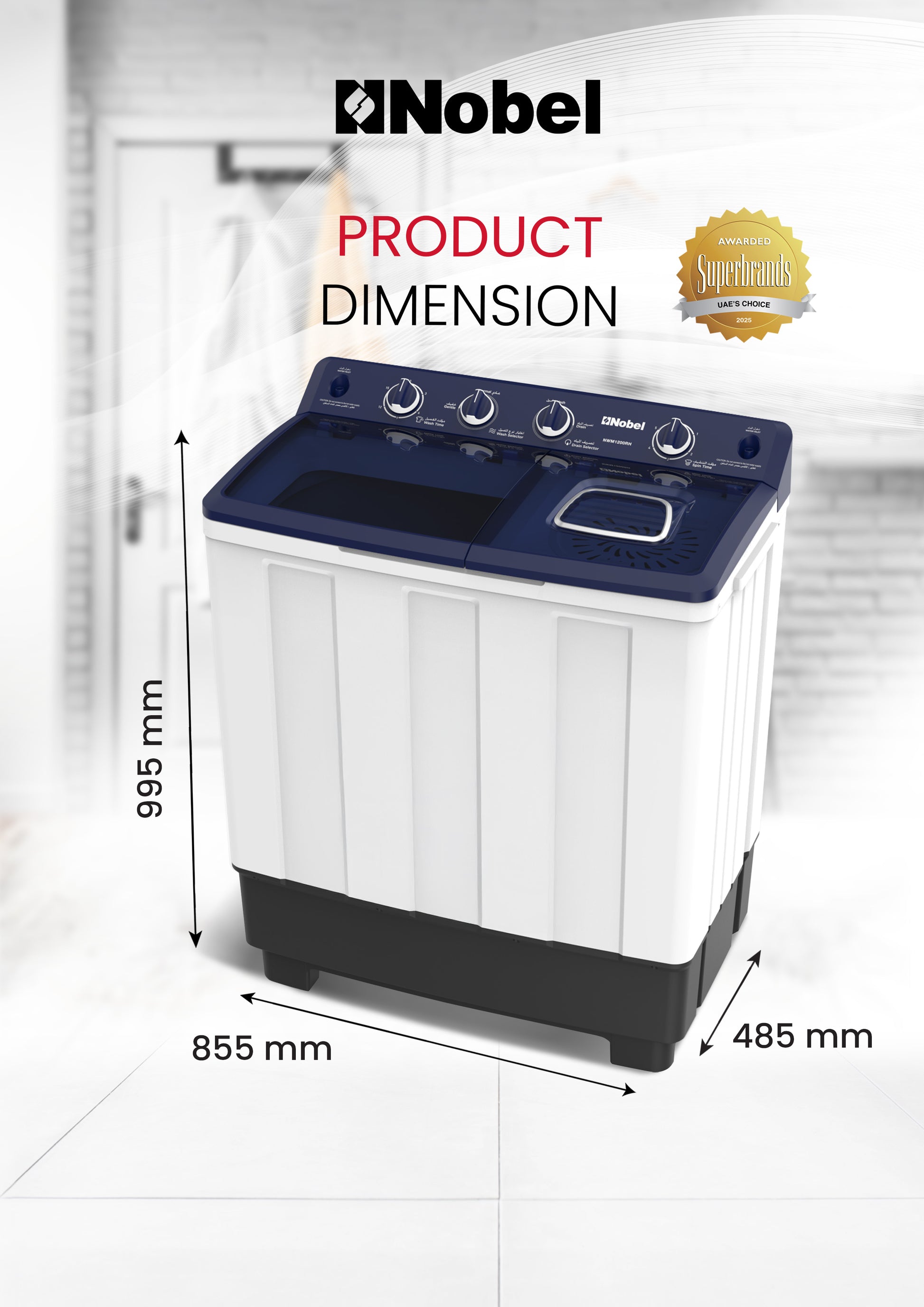 Nobel Semi-Automatic Washers Twin Tub White 10 Kgs/ 5.5 Kgs NWM1200RH-7