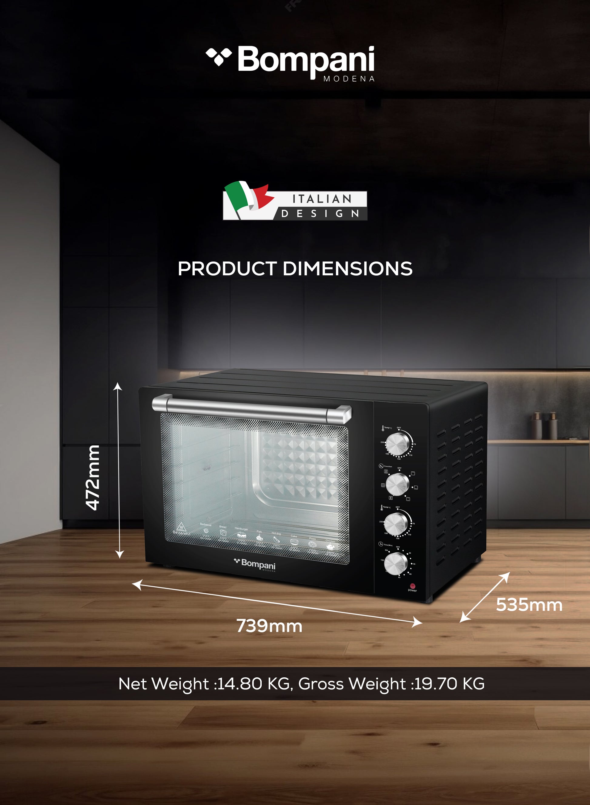 Bompani 100L Electric Oven 2800W Adjustable Thermostat & Timer, Convection, Lamp & Rotisserie, Double Glass Door, 4 Control Knobs, Straight & M-Shape Heating Elements – BEO120-7