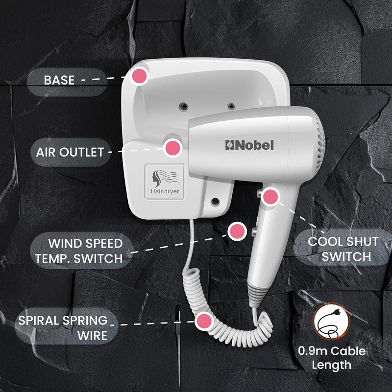 Nobel Hair Dryer 200W with Pure Copper DC Motor Fast Drying, Overheat Protection, Cool Button, Multiple Speeds & Heat Settings - NHDW1250-3