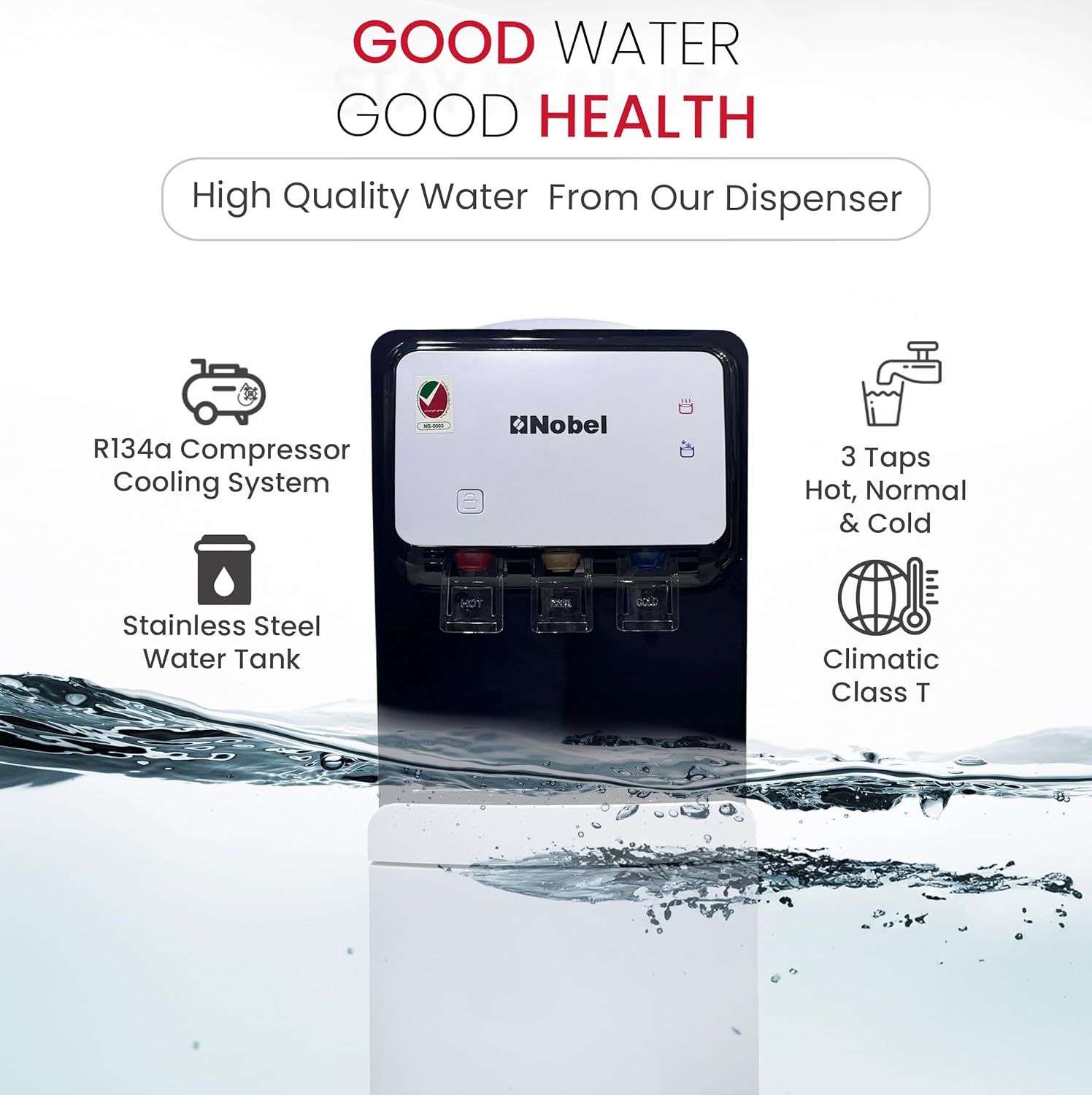 Nobel 3 Tap Water Dispenser, Freestanding Dispenser, Hot, Normal & Cold, R134a Compressor Cooling, Storage Cabinet NWD1700 White-4