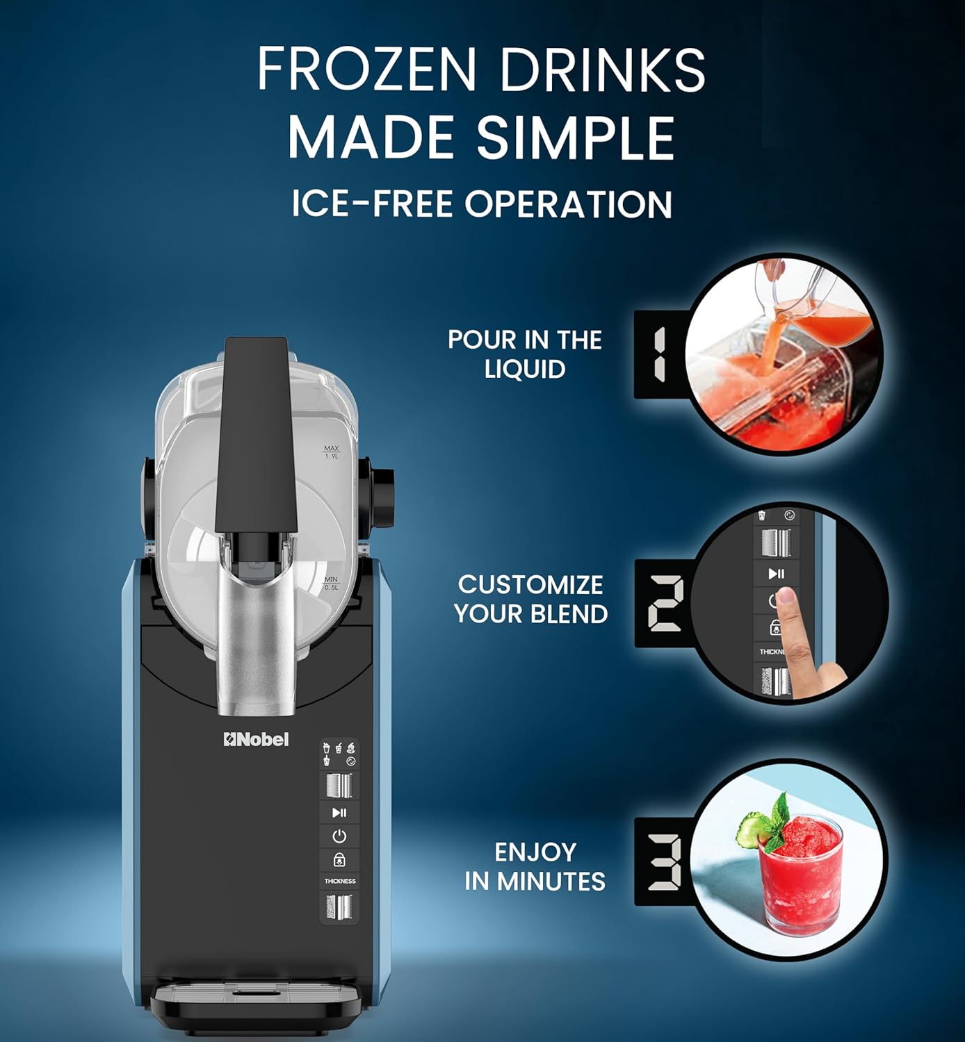 Nobel Slushi Frozen Drink Maker 2.6L | 5-in-1 Modes – Slushie, Frappe, Milkshake, Cold Drink & Clean | Child Lock, Removable Barrel, Low Noise | 220W, 220-240V - NSIM365EX-3