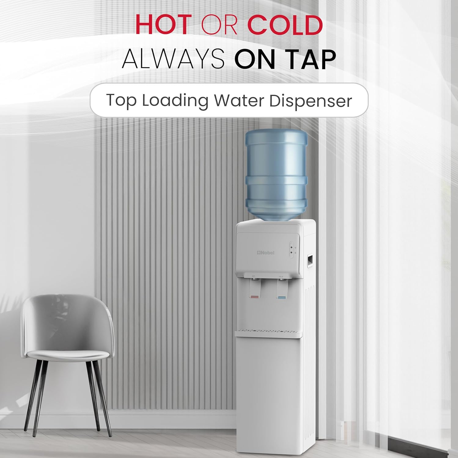 Nobel Water Dispenser, Hot & Cold, 2 Taps, Compressor Cooling, 5L/H Heating, 2L/H Cooling, Silicon Water Outlet Pipes NWD1603 White-2