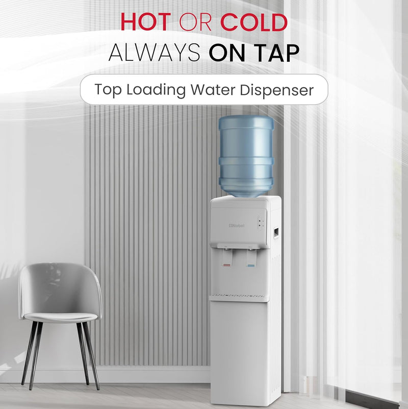 Nobel Water Dispenser, Hot & Cold, 2 Taps, Compressor Cooling, 5L/H Heating, 2L/H Cooling, Silicon Water Outlet Pipes NWD1603 White-2