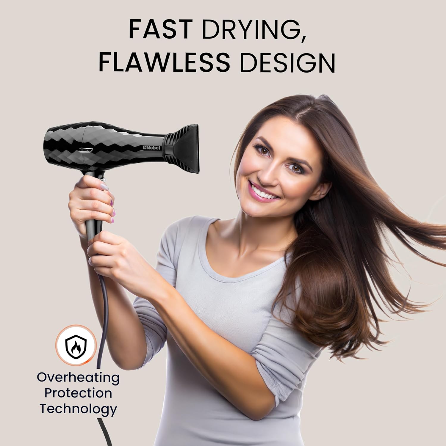 Nobel Hair Dryer 1500W with Pure Copper DC Motor Fast Dry, Overheat Protection, Cool Button, 2 Speeds, 3 Heat Settings - NHD850