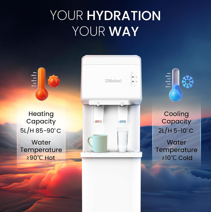 Nobel Water Dispenser, Hot & Cold, 2 Taps, Compressor Cooling, 5L/H Heating, 2L/H Cooling, Silicon Water Outlet Pipes NWD1603 White-4
