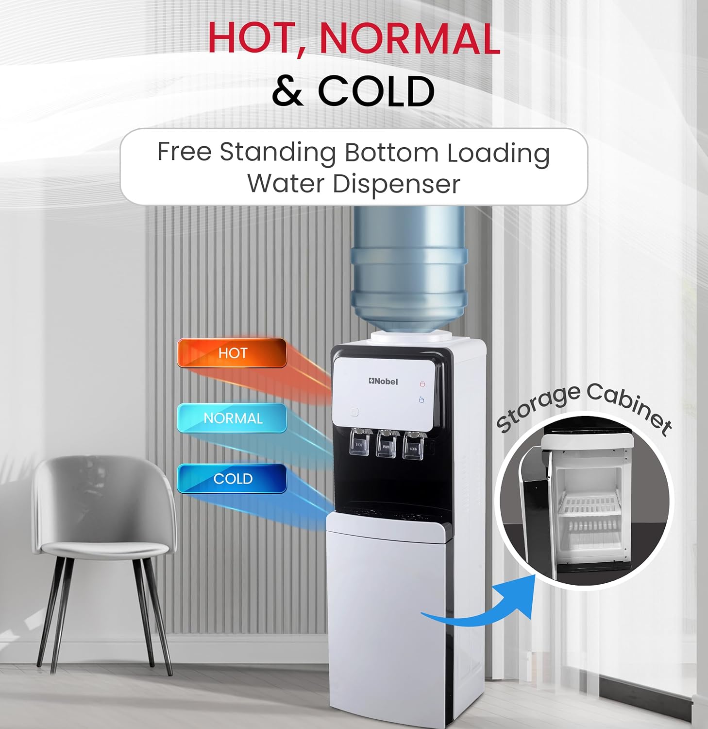 Nobel 3 Tap Water Dispenser, Freestanding Dispenser, Hot, Normal & Cold, R134a Compressor Cooling, Storage Cabinet NWD1700 White-2