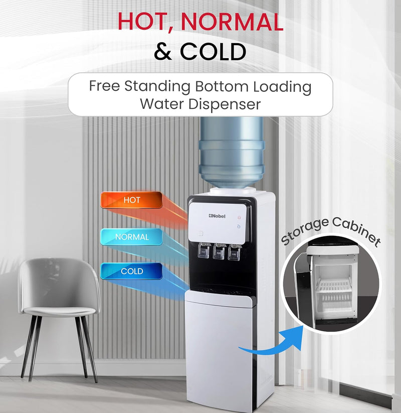Nobel 3 Tap Water Dispenser, Freestanding Dispenser, Hot, Normal & Cold, R134a Compressor Cooling, Storage Cabinet NWD1700 White-2