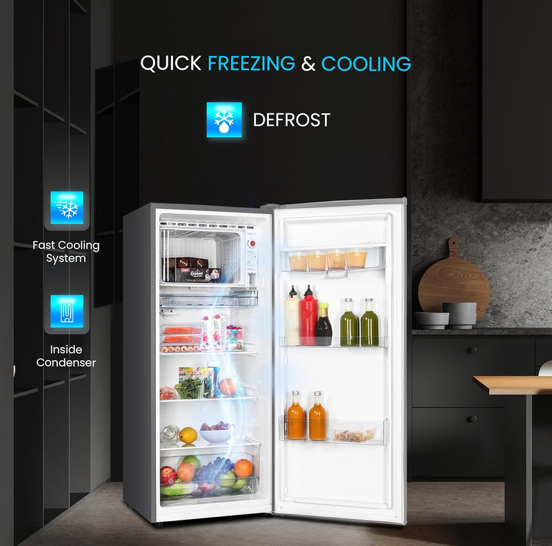 210L Gross, 190L Net Single Door Refrigerator with Water Dispenser, Defrost, Recessed Handle, Vegetable Crisper - NR210SS-3