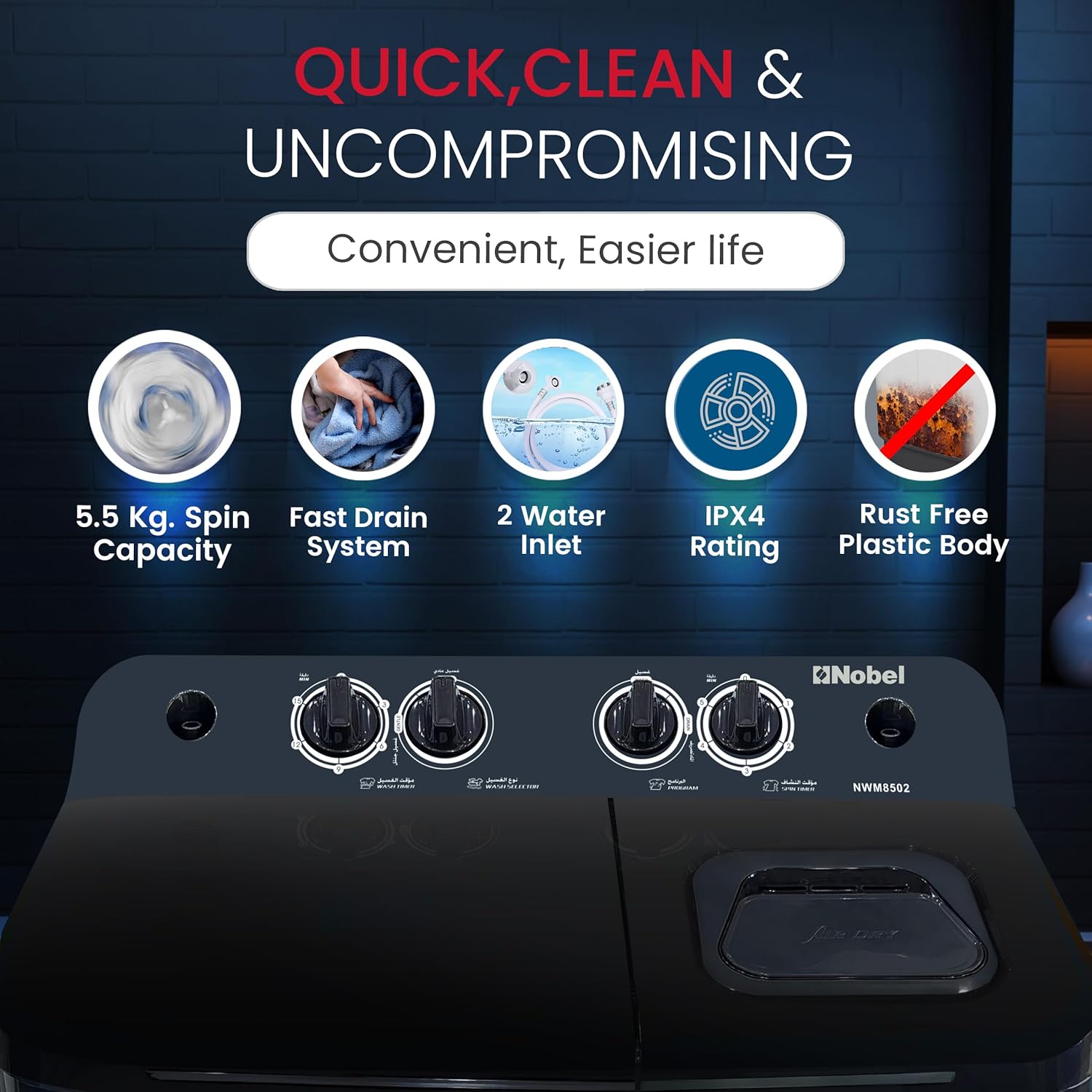 Semi Automatic Washing Machine, 8 Kg Wash Capacity 5.5 Kg Spin Capacity – NWM8502-4