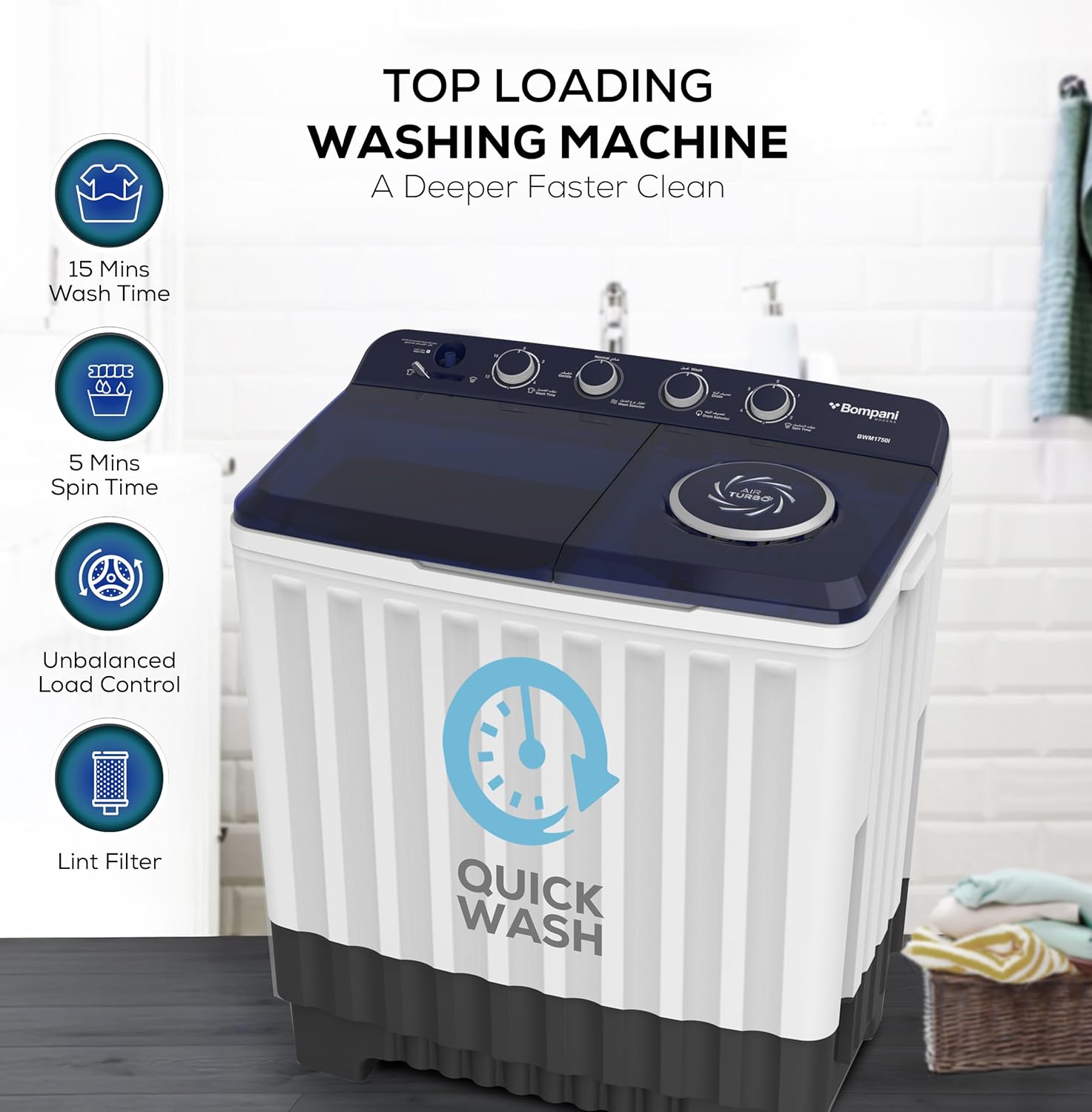 Bompani 17kg Top Load Semi-Automatic Twin Tub Washing Machine – 8kg Spin Capacity, 4 Knob Controls, Lint Filter, Transparent Lid - BWM1750I-6