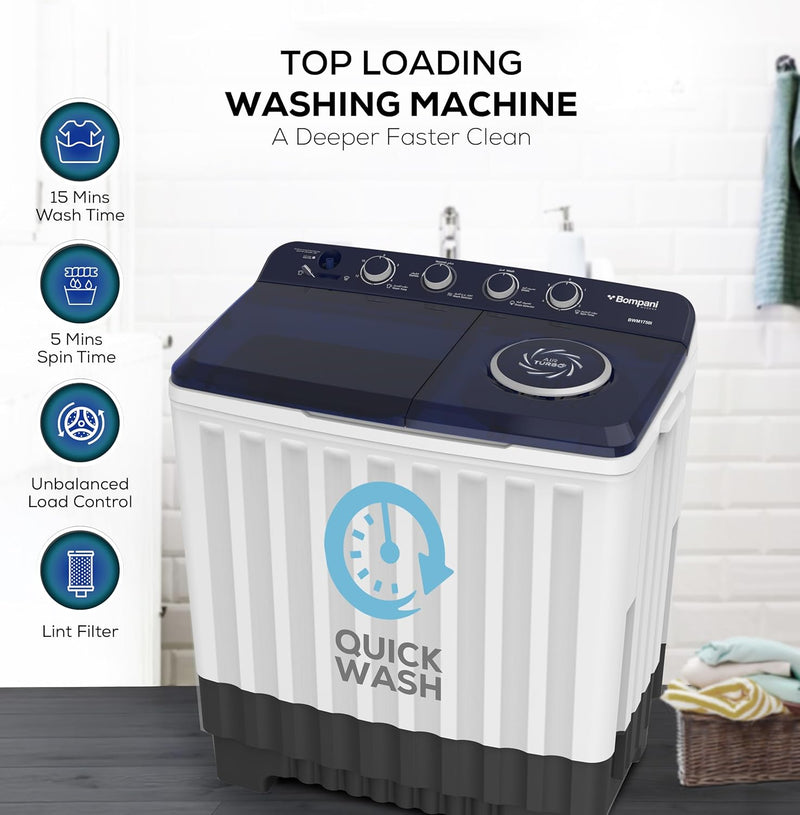 Bompani 17kg Top Load Semi-Automatic Twin Tub Washing Machine – 8kg Spin Capacity, 4 Knob Controls, Lint Filter, Transparent Lid - BWM1750I-6