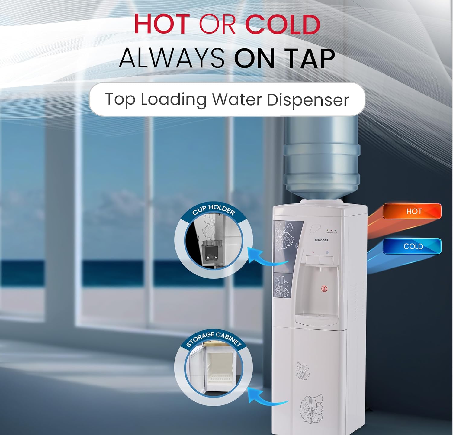 Nobel Freestanding Top-Loading 550W Water Dispenser Hot & Cold, 5L Hot/2L Cold Per Hour, Storage Cabinet, Compressor Cooling, Heating - NWD1609