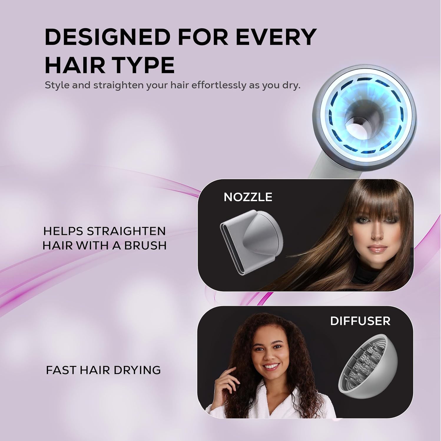 La Modano Professional Hair Dryer 1500W with Diffuser Fast Drying, BLDC Motor 110000RPM, 3 Speeds & Heat Settings - LMHD955-6