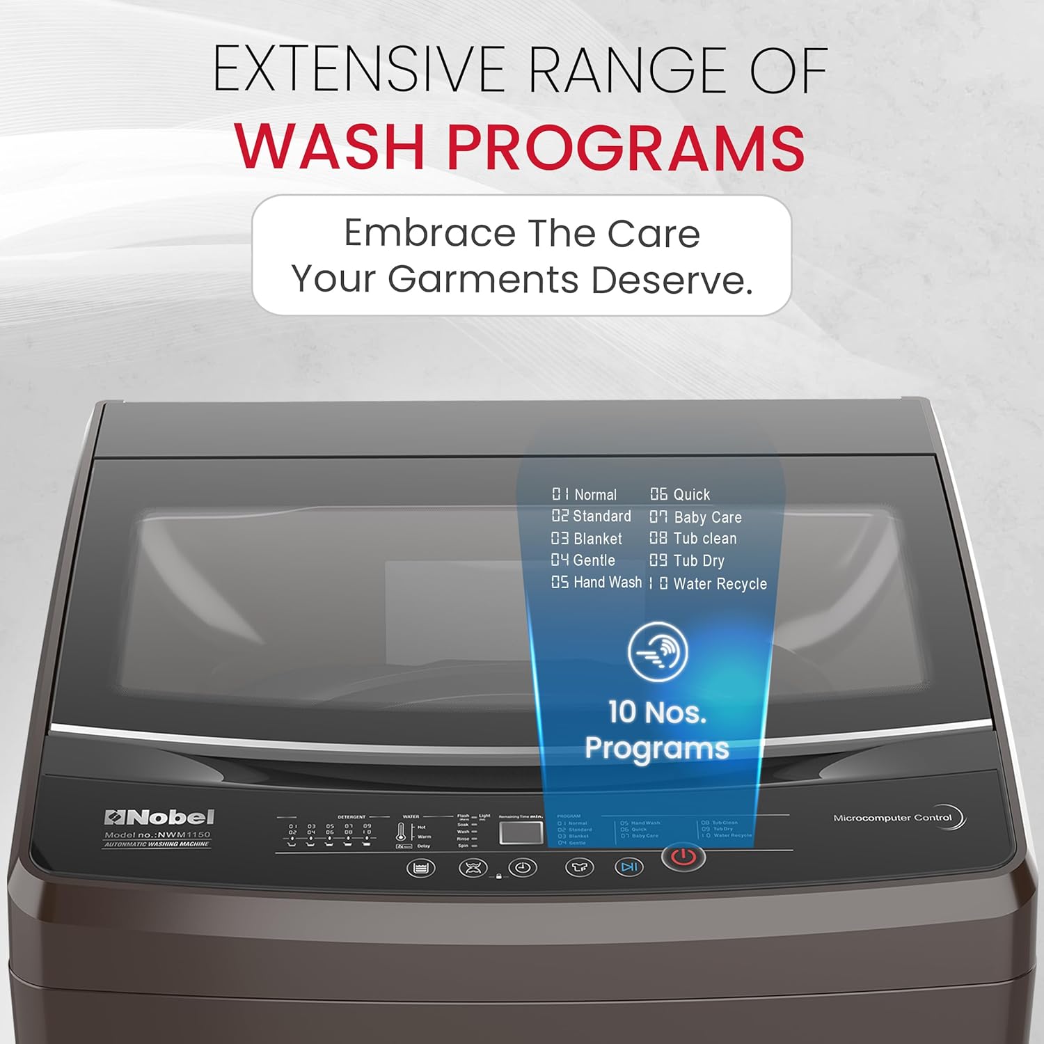 Nobel Washing Machine 10kg Capacity, Electronic Control, LED Display, 6 Programs NWM1150 Silver-7