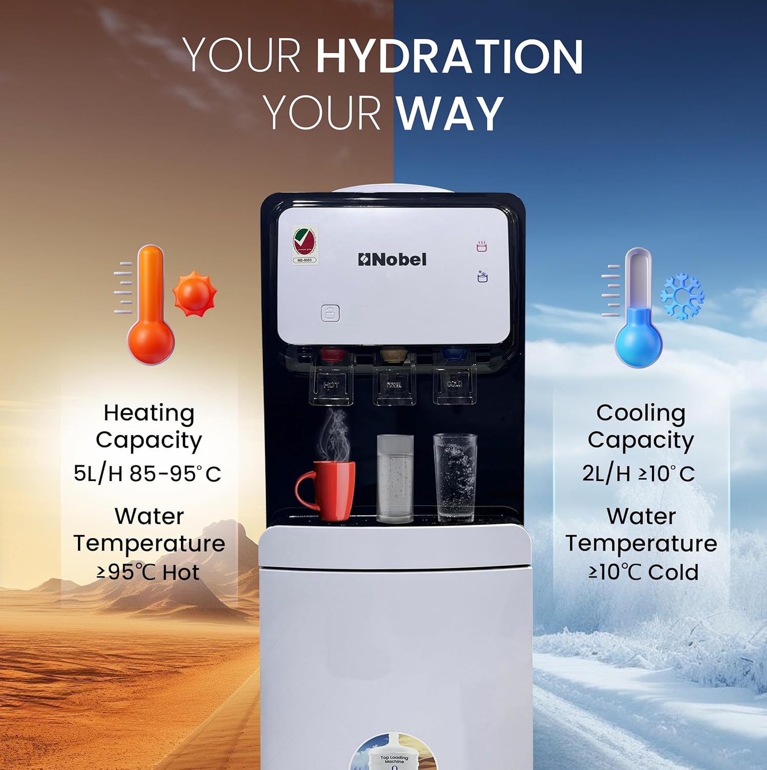 Nobel 3 Tap Water Dispenser, Freestanding Dispenser, Hot, Normal & Cold, R134a Compressor Cooling, Storage Cabinet NWD1700 White-3