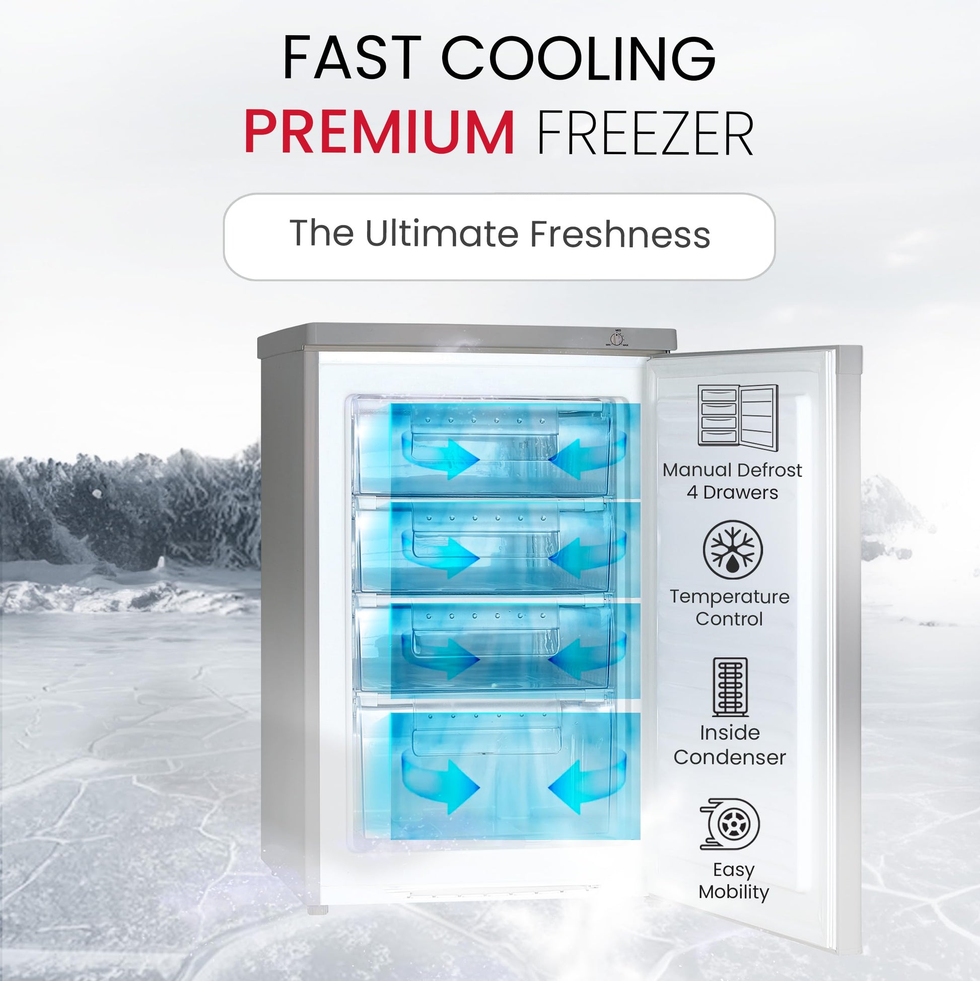 Nobel 90 Ltr Gross & 85 Ltr Net Single Door Upright Freezer Manual Defrost, with 4 Drawers, Recessed Handle, Reversible Door, Temperature Control & Adjustable Leveling Feet NUF255S Silver-2