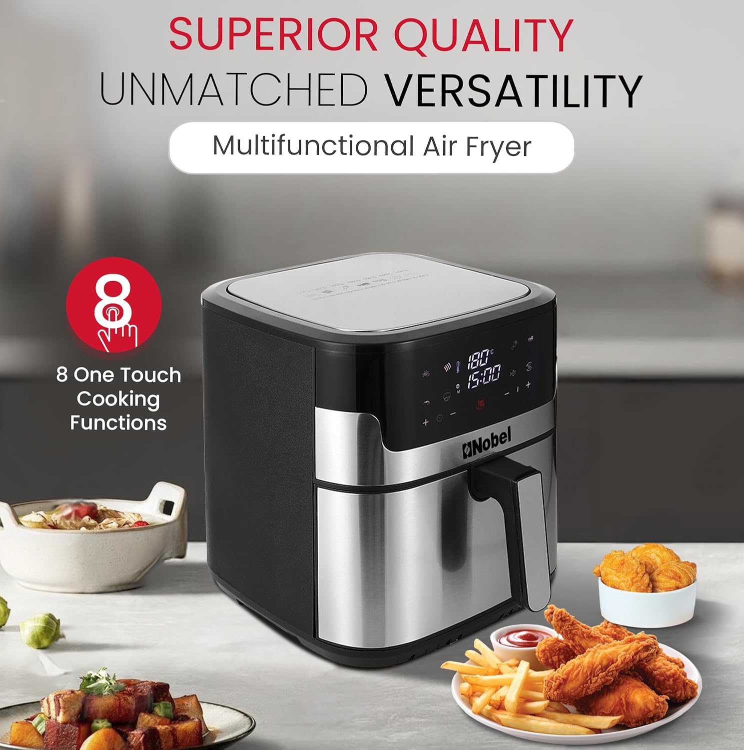 Nobel Air Fryer 8 Liters Capacity Multifunctional Fryer Digital Display and Touch Button High Speed Air Circulation Technology Frying Non- Stick Coating Frying - NAF1000-2