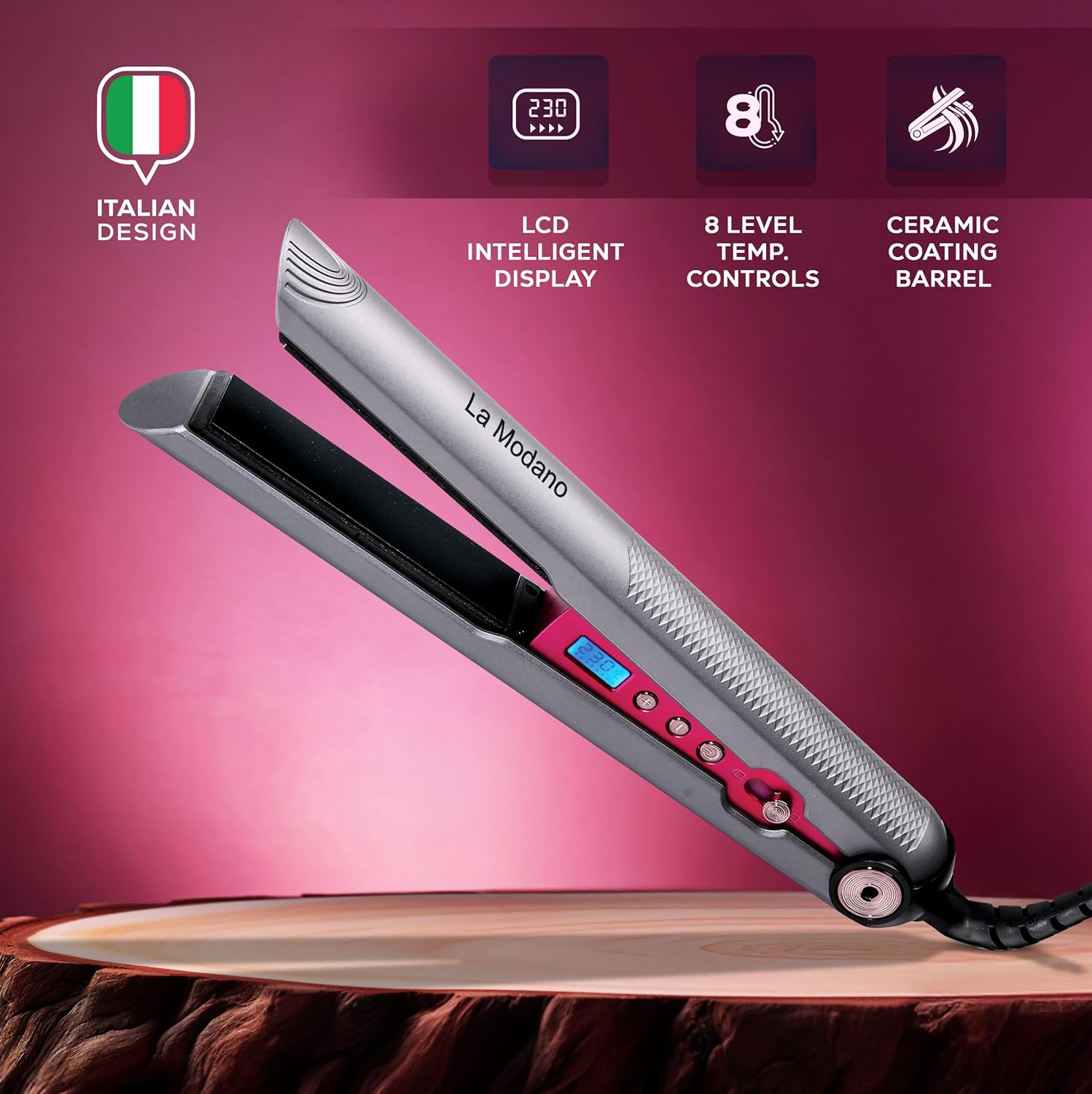 La Modano Hair Straightener with Ceramic Coating 8 Temperature Levels, LCD Display, PTC Heating, Lock Function Model - LMHS450