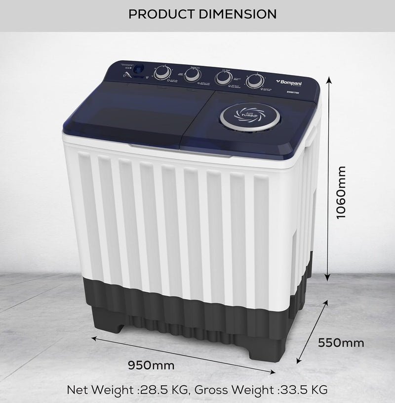 Bompani 17kg Top Load Semi-Automatic Twin Tub Washing Machine – 8kg Spin Capacity, 4 Knob Controls, Lint Filter, Transparent Lid - BWM1750I-7
