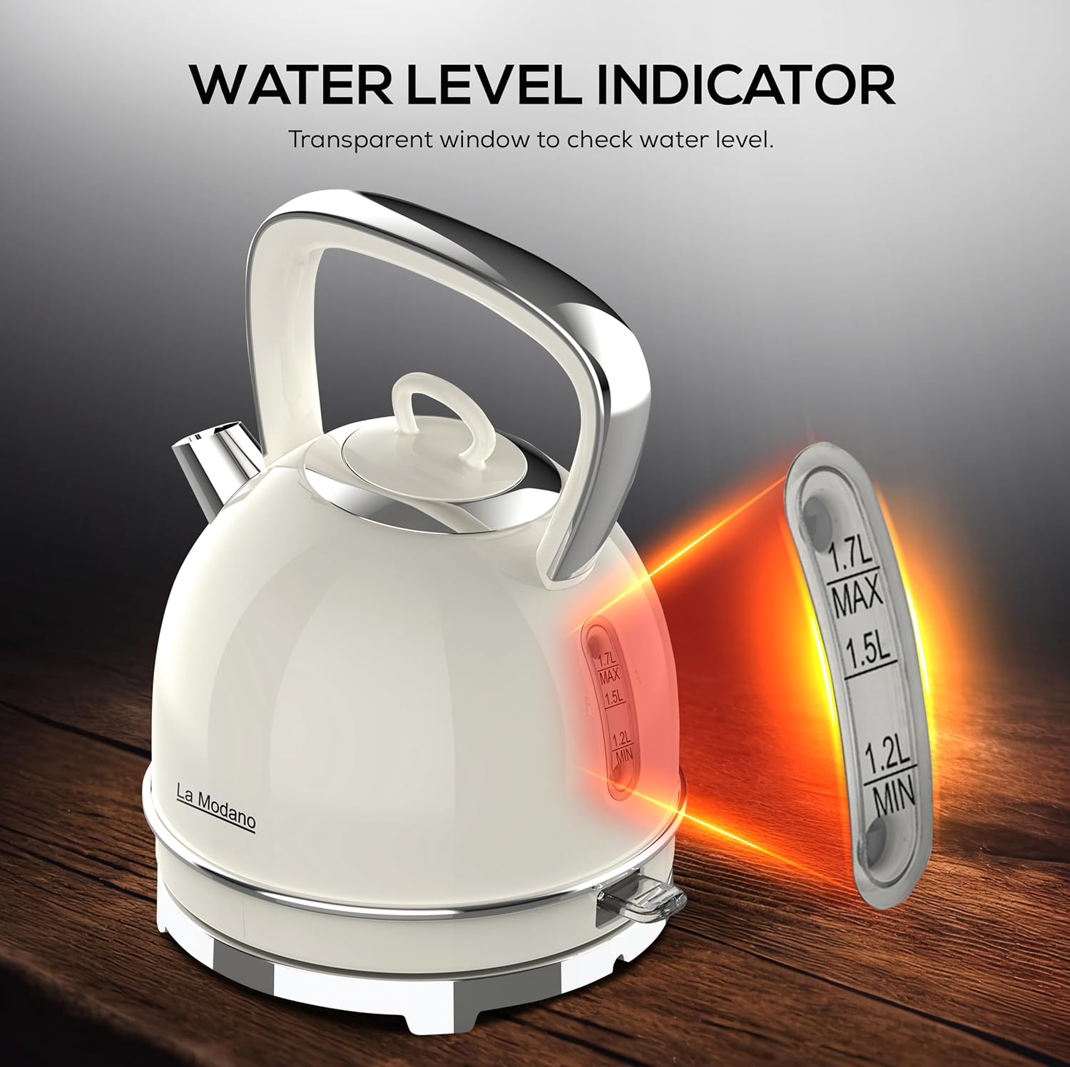 La Modano Retro Style Electric Kettle, 1.7L Capacity, Stainless Steel Housing, Water Window, Dry Boil Protection, Cordless Serving Base, Strix Controller, Blue Light On/Off Switch 2200W - LMEK17EX-4
