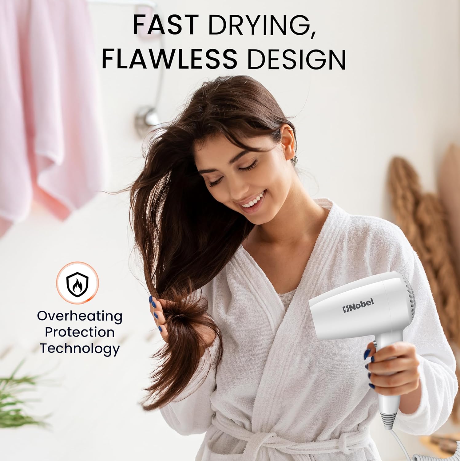 Nobel Hair Dryer 200W with Pure Copper DC Motor Fast Drying, Overheat Protection, Cool Button, Multiple Speeds & Heat Settings - NHDW1250