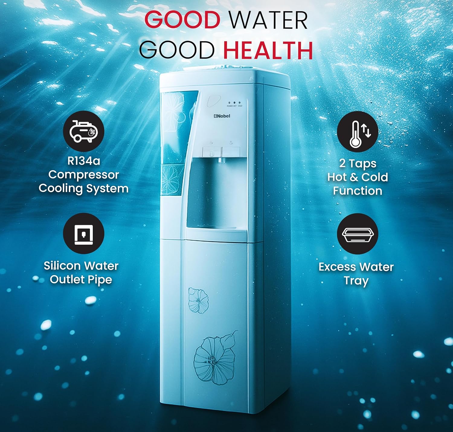 Nobel Freestanding Top-Loading 550W Water Dispenser Hot & Cold, 5L Hot/2L Cold Per Hour, Storage Cabinet, Compressor Cooling, Heating - NWD1609-4