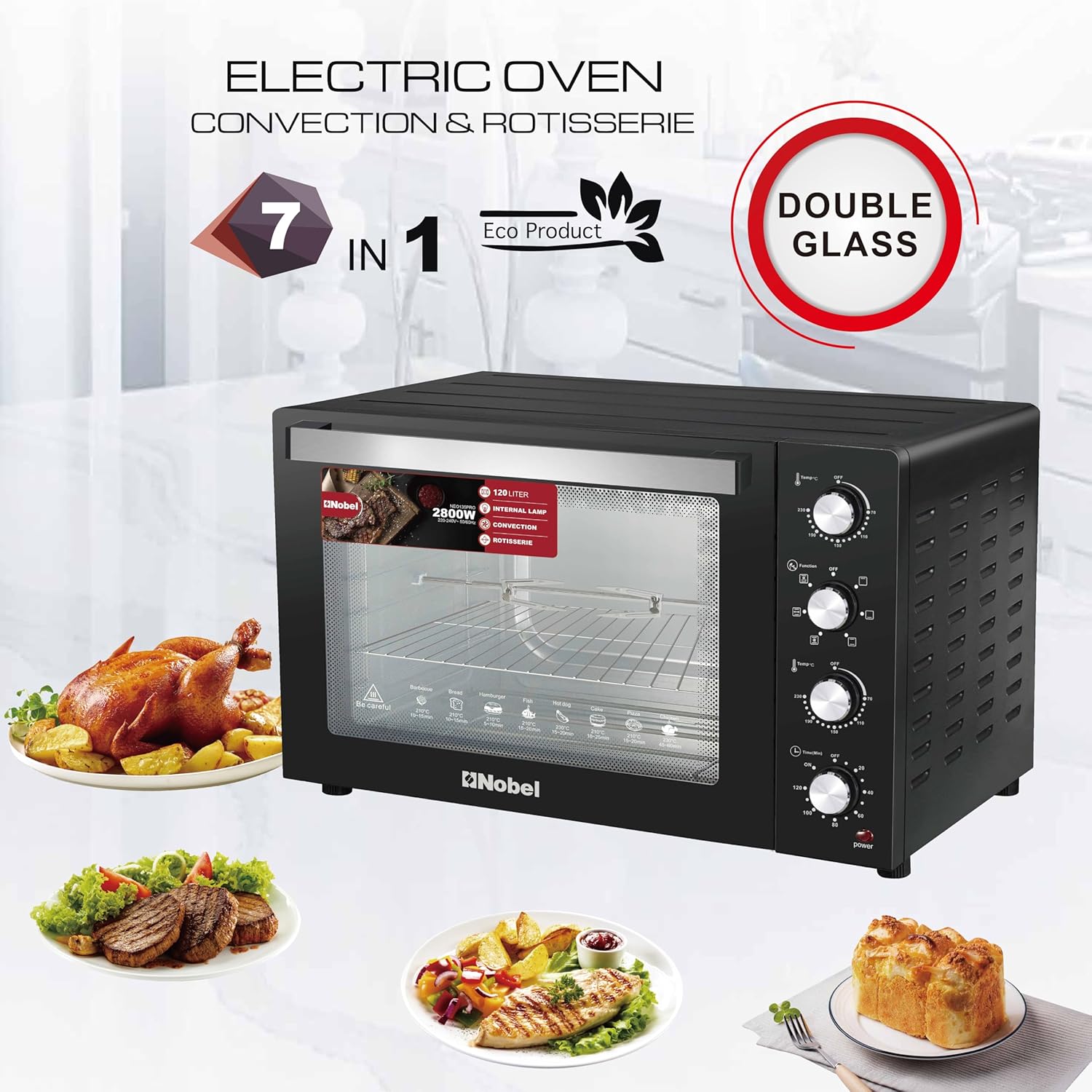 Nobel 7 in 1 | 120 Liters Electric Oven with 4 Control Knobs, and Double Glass, 70-250° AdjustableTemperature Control, 120 Min Timer With Bell Ring, 2 M Shape Heating Elements, 2800W NEO135PRO Black-2