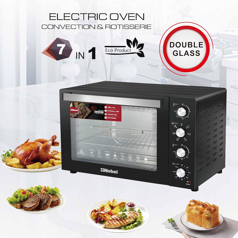 Nobel 7 in 1 | 120 Liters Electric Oven with 4 Control Knobs, and Double Glass, 70-250° AdjustableTemperature Control, 120 Min Timer With Bell Ring, 2 M Shape Heating Elements, 2800W NEO135PRO Black-2