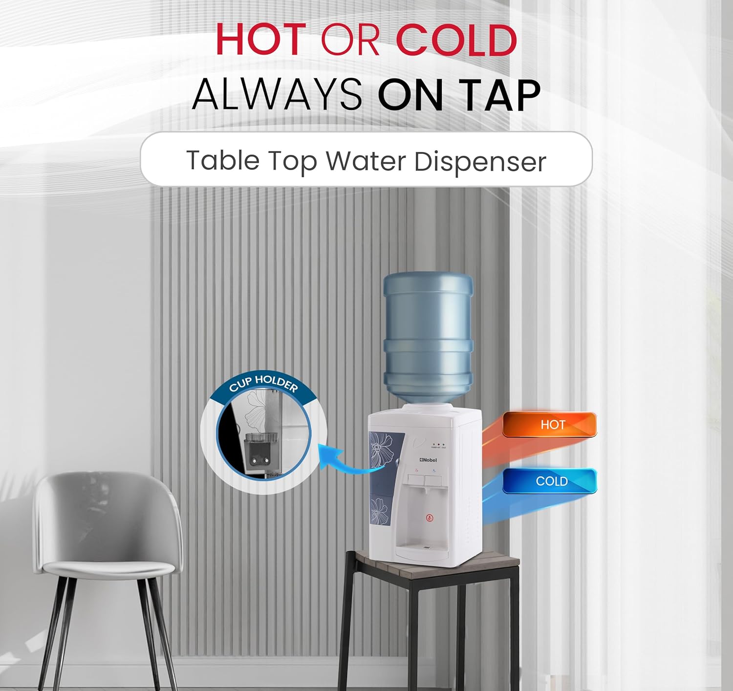 Nobel Table Top Water Dispenser 550W Hot & Cold, Compressor Cooling System, 5L Hot/2L Cold Per Hour, Top Loading, Heating - NWD557