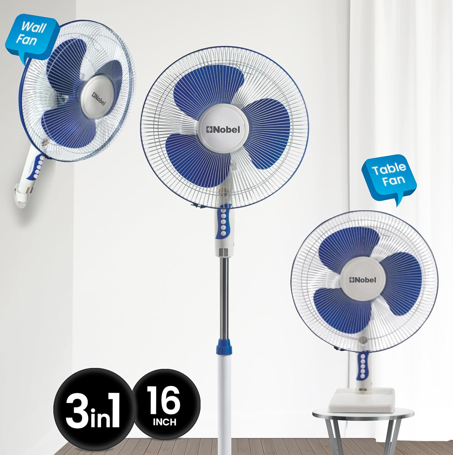 Nobel 3-in-1 Stand Fan 16", 3-Speed, 85° Oscillation, Copper Motor, Polypropylene Blades, Strong Airflow, Quiet Operation, 1200 RPM, 60W NF311 White-3