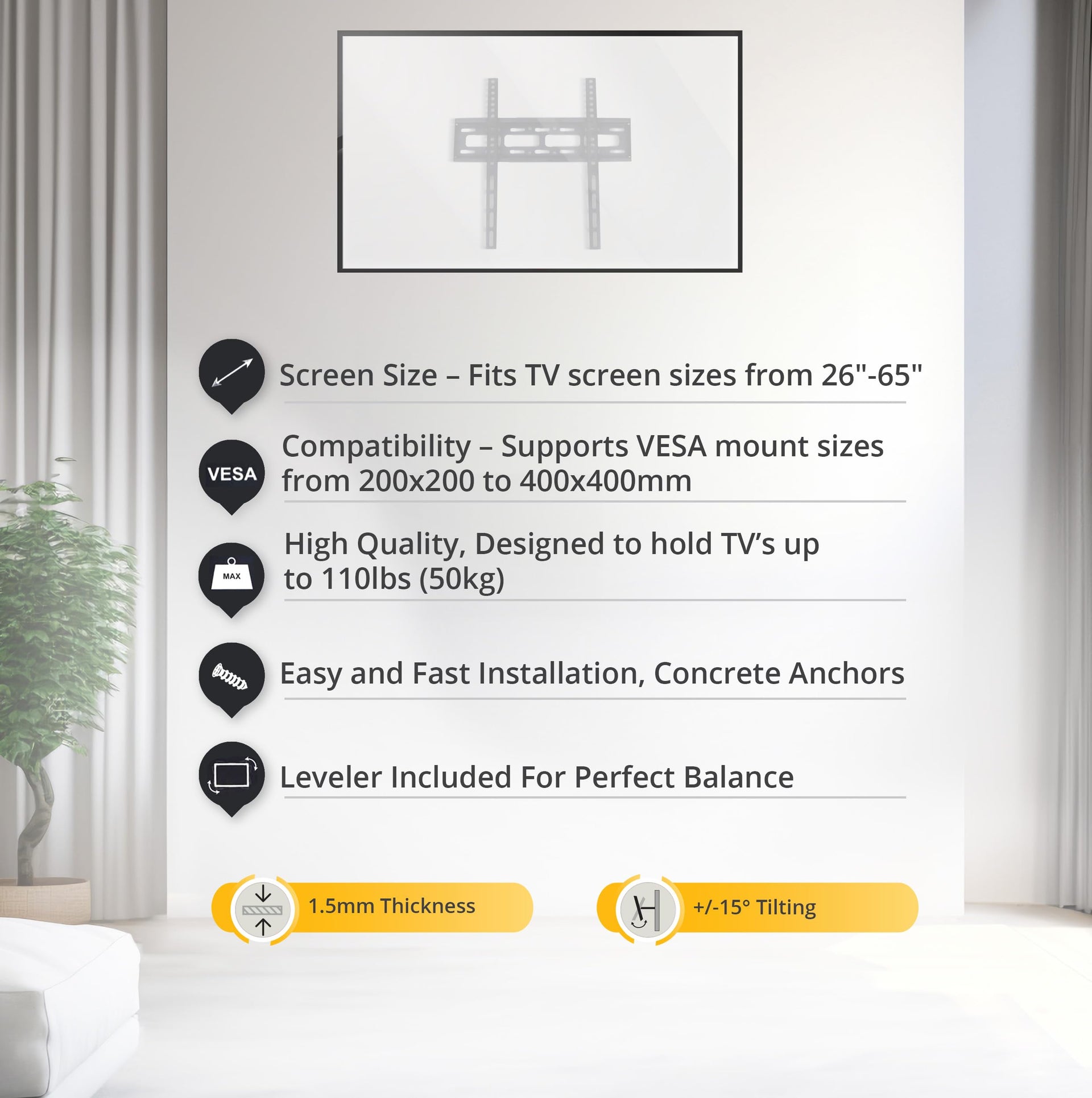 Bracket Pro Fixed Mount 26"-65" Fits VESA 200x200mm to 400x400mm, 1.5mm Thickness - Secure and Adjustable TV Wall Mount BPF2665 Black