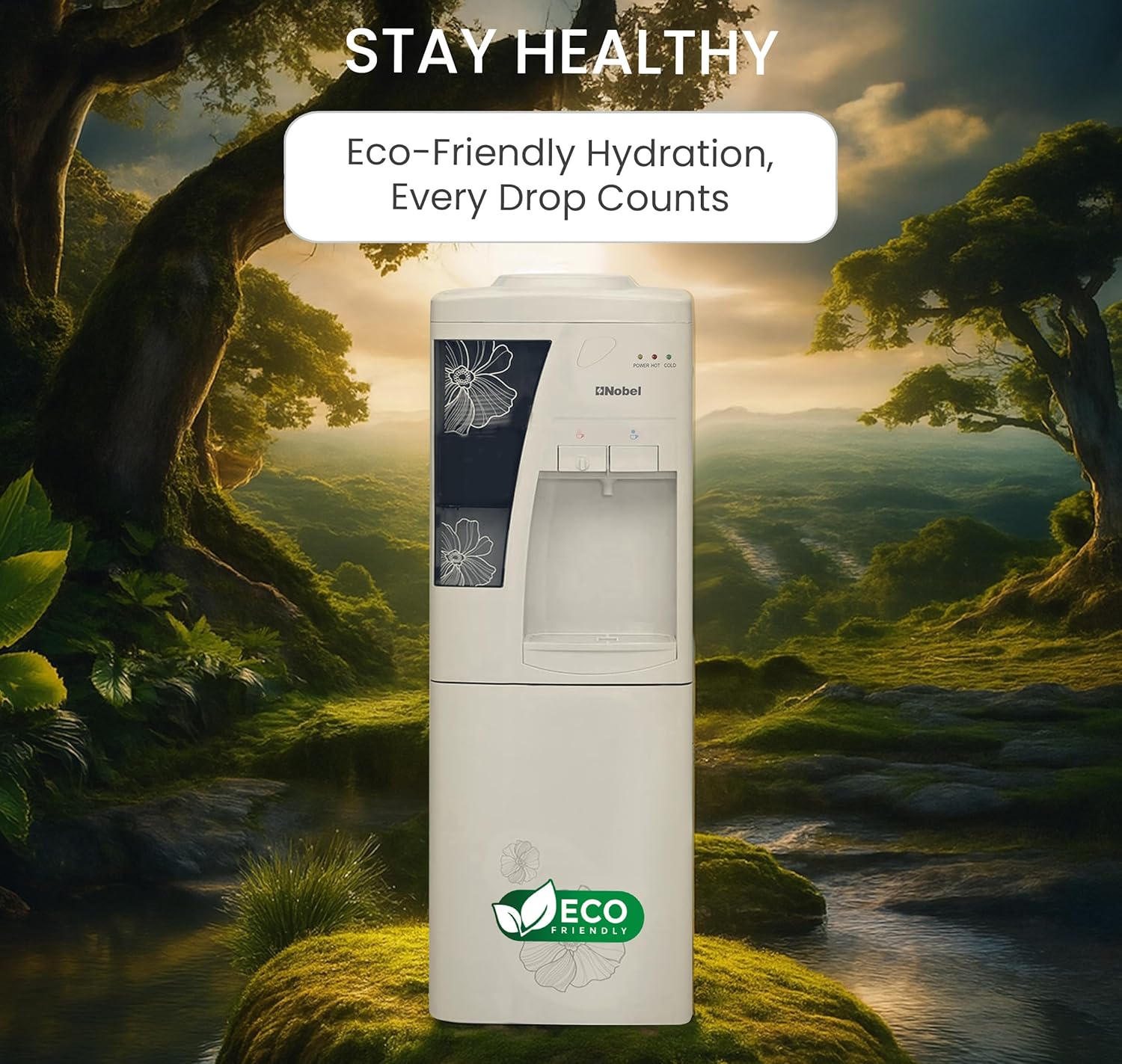 Nobel Freestanding Top-Loading 550W Water Dispenser Hot & Cold, 5L Hot/2L Cold Per Hour, Storage Cabinet, Compressor Cooling, Heating - NWD1609-5