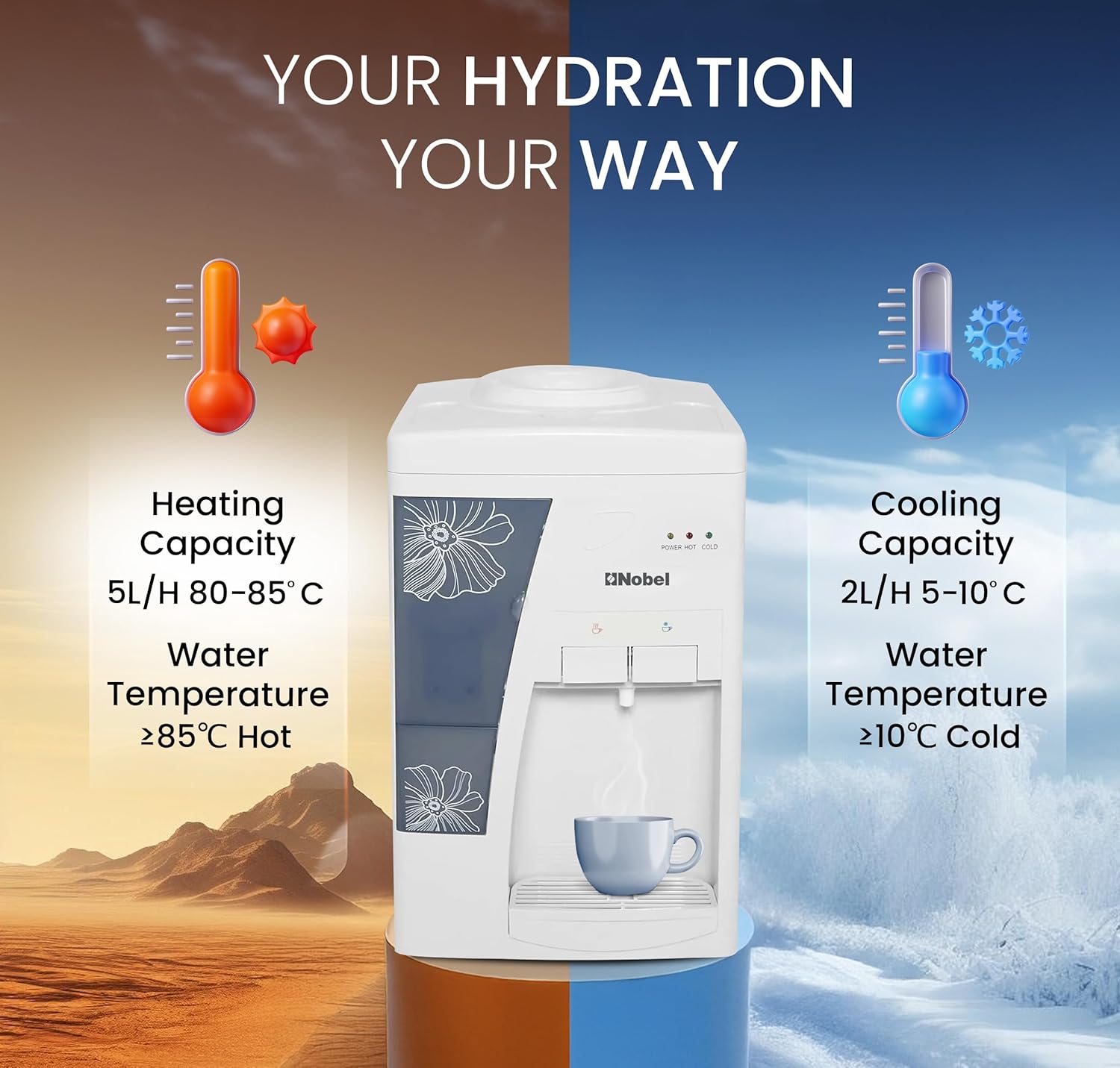 Nobel Table Top Water Dispenser 550W Hot & Cold, Compressor Cooling System, 5L Hot/2L Cold Per Hour, Top Loading, Heating - NWD557-3