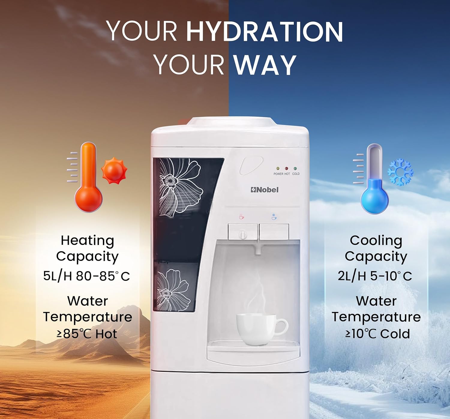 Nobel Freestanding Top-Loading 550W Water Dispenser Hot & Cold, 5L Hot/2L Cold Per Hour, Storage Cabinet, Compressor Cooling, Heating - NWD1609-3