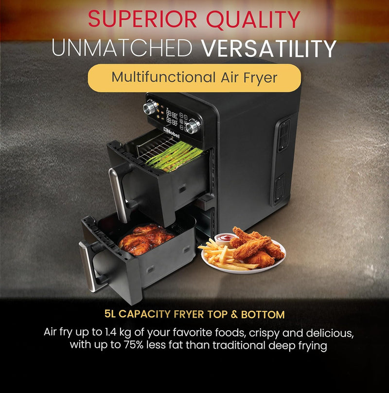 Nobel 10L 2200W Dual Drawer Digital Air Fryer with LED Display, Sync & Match Functions – NAF1201-2
