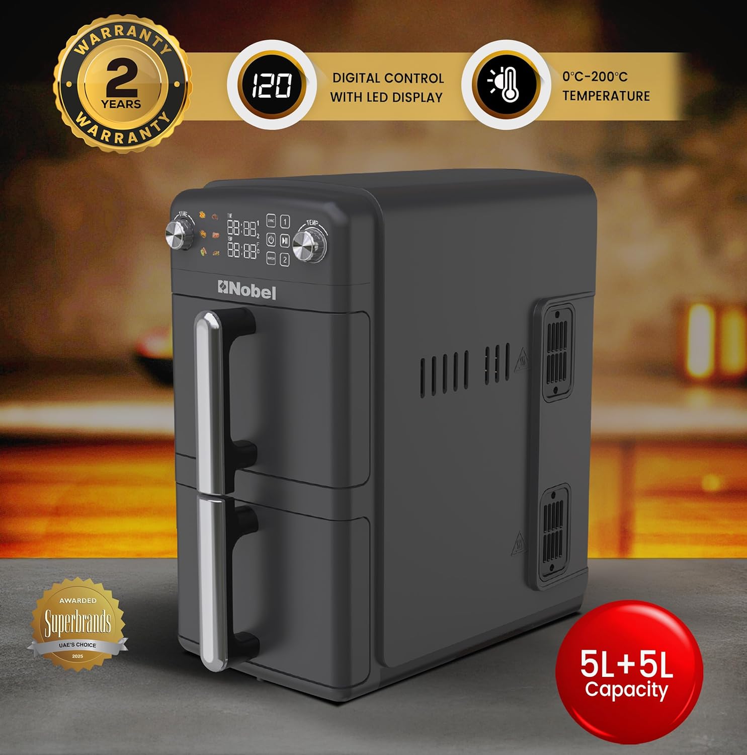 Nobel 10L 2200W Dual Drawer Digital Air Fryer with LED Display, Sync & Match Functions – NAF1201-1
