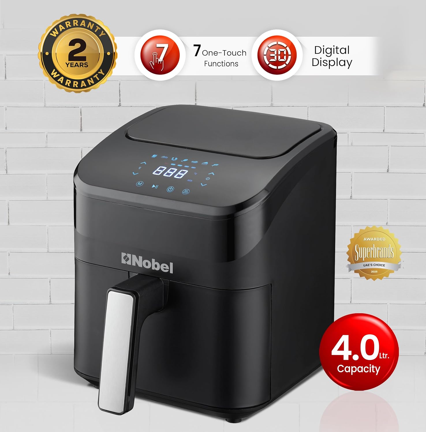 Nobel 4L Digital Air Fryer 1400W with 7 Preset Cooking Functions, Non-Stick Pot & Tray, LED Display, Temperature Control 80–200°C – NAF501-1