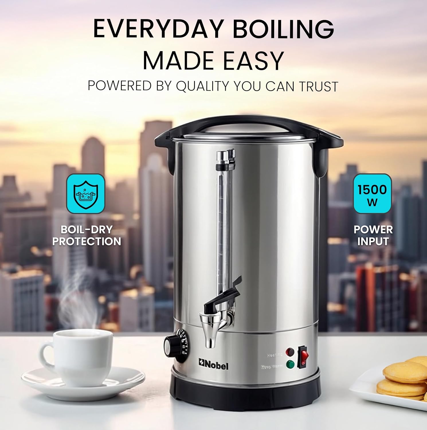Nobel Water Boiler 1500W 16L Double Wall Stainless Steel, Safety Lock Lid, Non-Drip Brass Faucet, Keep Warm Function - NWB1600-2