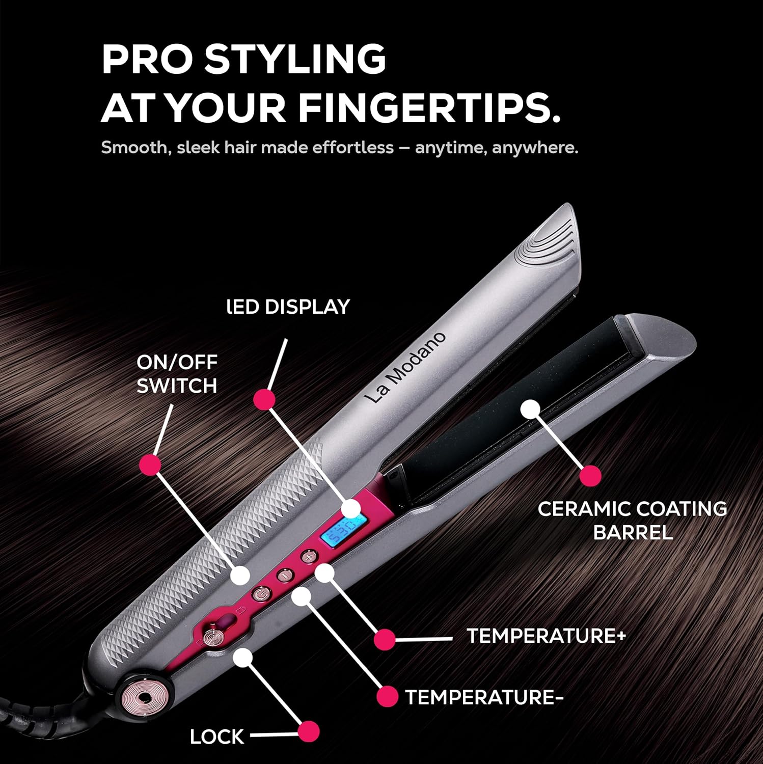 La Modano Hair Straightener with Ceramic Coating 8 Temperature Levels, LCD Display, PTC Heating, Lock Function Model - LMHS450-4