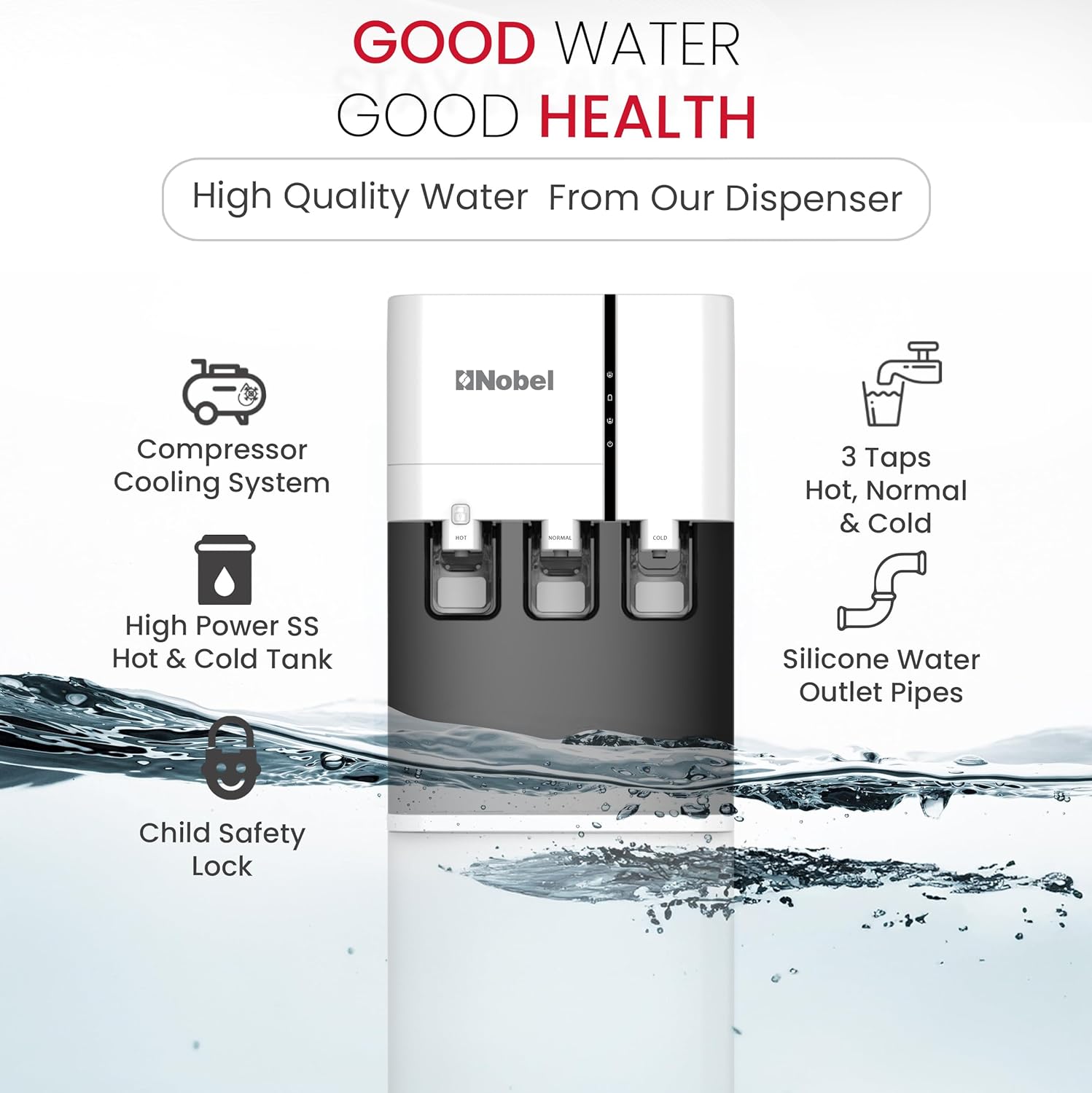 Nobel Water Dispenser, 3 Taps, Hot, Normal, Cold, Bottom Loading, Child Safety Lock NWD800BL White-5