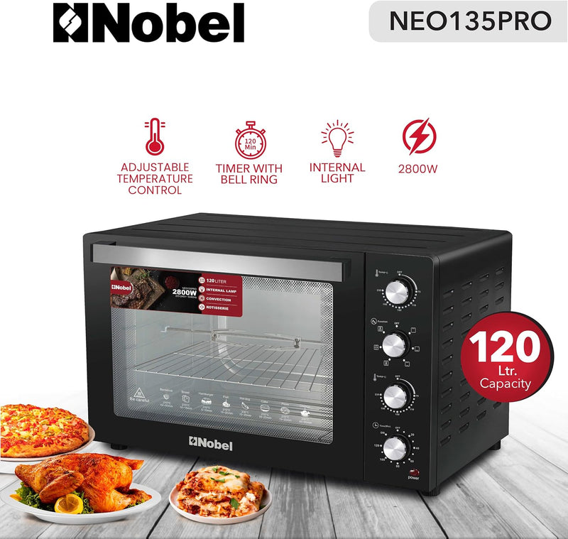 Nobel 7 in 1 | 120 Liters Electric Oven with 4 Control Knobs, and Double Glass, 70-250° AdjustableTemperature Control, 120 Min Timer With Bell Ring, 2 M Shape Heating Elements, 2800W NEO135PRO Black-1