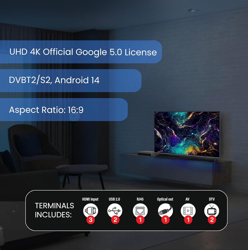 Nobel 55-Inch 4K UHD Google TV Smart TV, Dolby Sound & Voice Control, Android 14, Netflix YouTube Prime, Wi-Fi & Bluetooth Connectivity – UHD55G-8