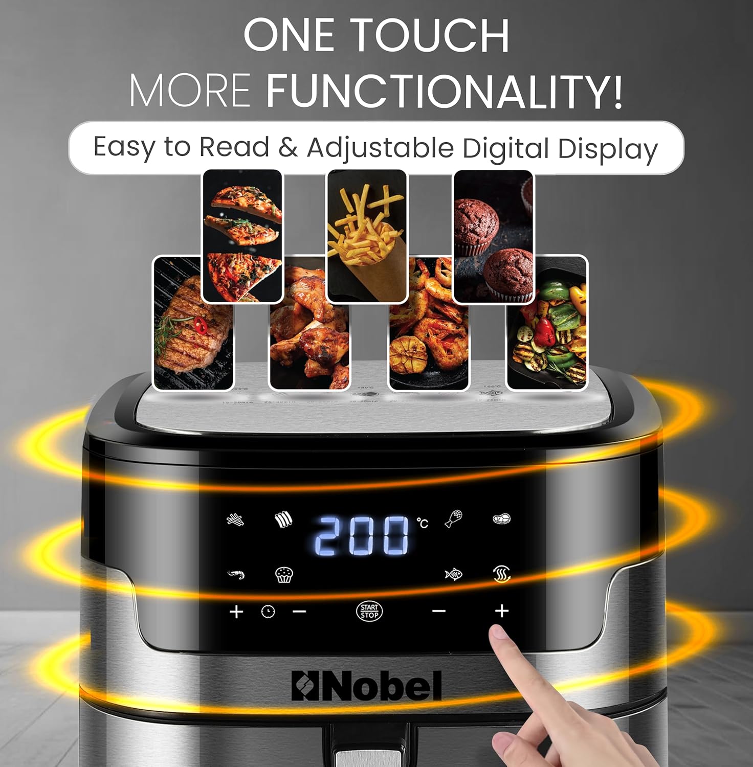 Nobel Air Fryer 8 Liters Capacity Multifunctional Fryer Digital Display and Touch Button High Speed Air Circulation Technology Frying Non- Stick Coating Frying - NAF1000-3
