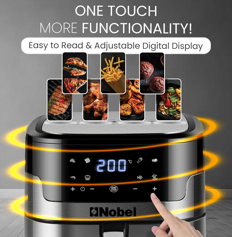 Nobel Air Fryer 8 Liters Capacity Multifunctional Fryer Digital Display and Touch Button High Speed Air Circulation Technology Frying Non- Stick Coating Frying - NAF1000-3