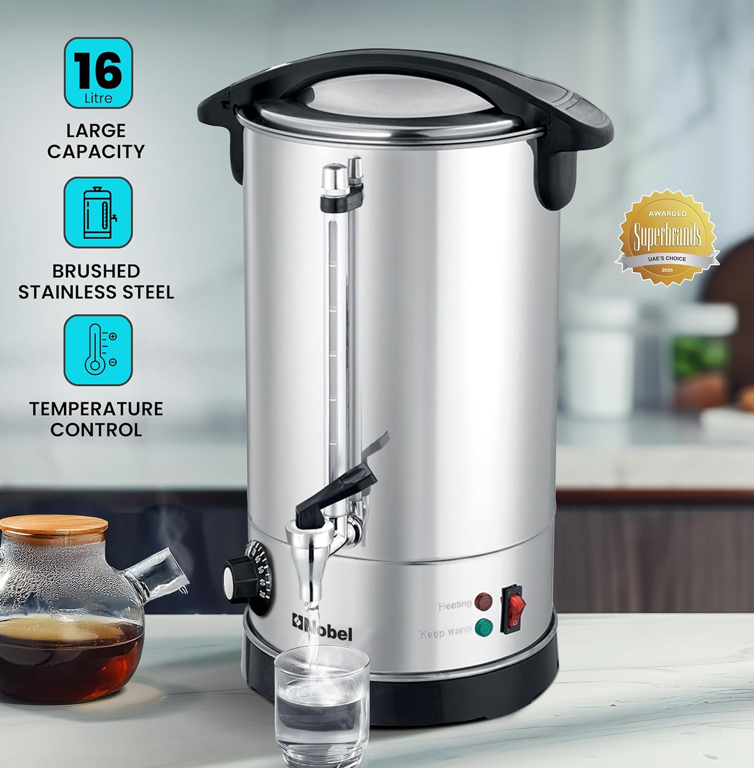 Nobel Water Boiler 1500W 16L Double Wall Stainless Steel, Safety Lock Lid, Non-Drip Brass Faucet, Keep Warm Function - NWB1600-1