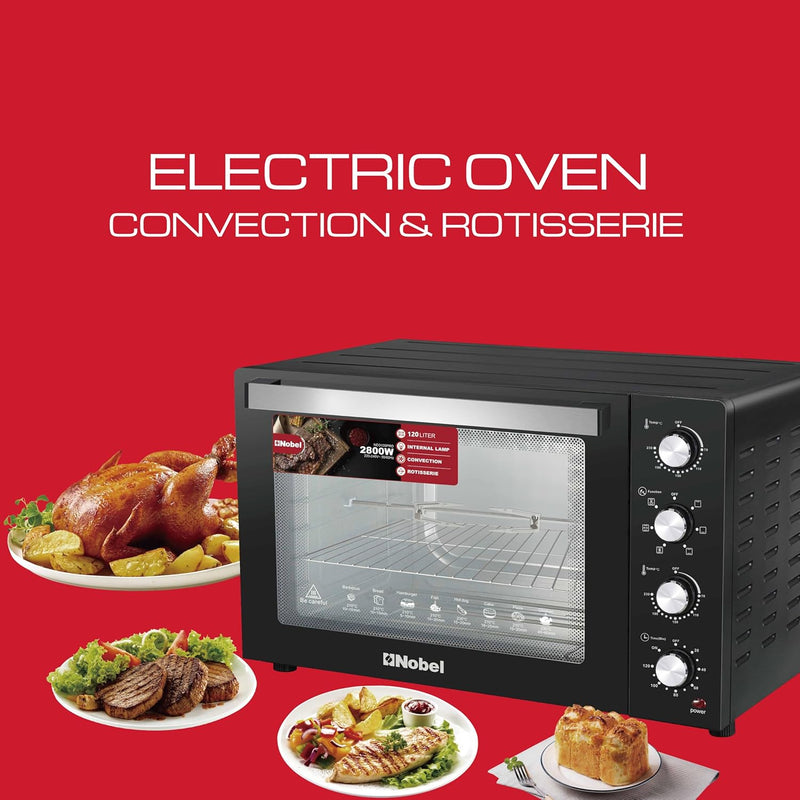 Nobel 7 in 1 | 120 Liters Electric Oven with 4 Control Knobs, and Double Glass, 70-250° AdjustableTemperature Control, 120 Min Timer With Bell Ring, 2 M Shape Heating Elements, 2800W NEO135PRO Black-3