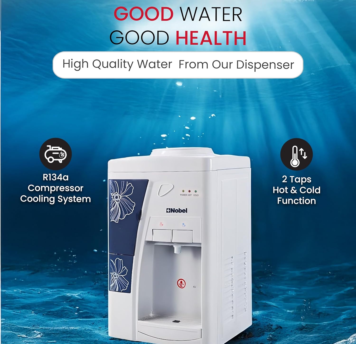 Nobel Table Top Water Dispenser 550W Hot & Cold, Compressor Cooling System, 5L Hot/2L Cold Per Hour, Top Loading, Heating - NWD557-4