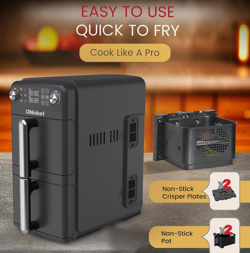 Nobel 10L 2200W Dual Drawer Digital Air Fryer with LED Display, Sync & Match Functions – NAF1201-4